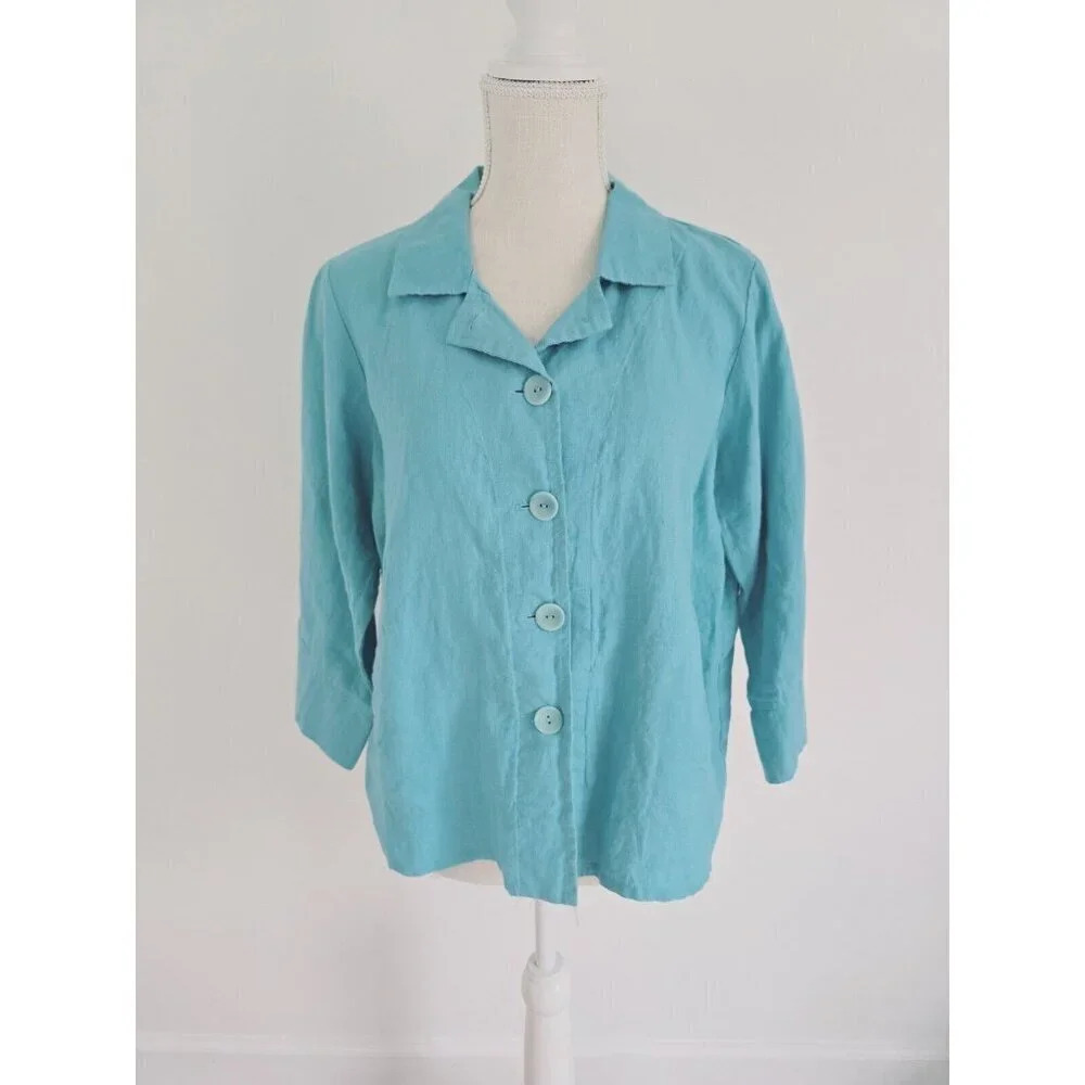 Flax NWT 100% Linen Button Front Collared Teal Blue Blouse Shirt Top Small S